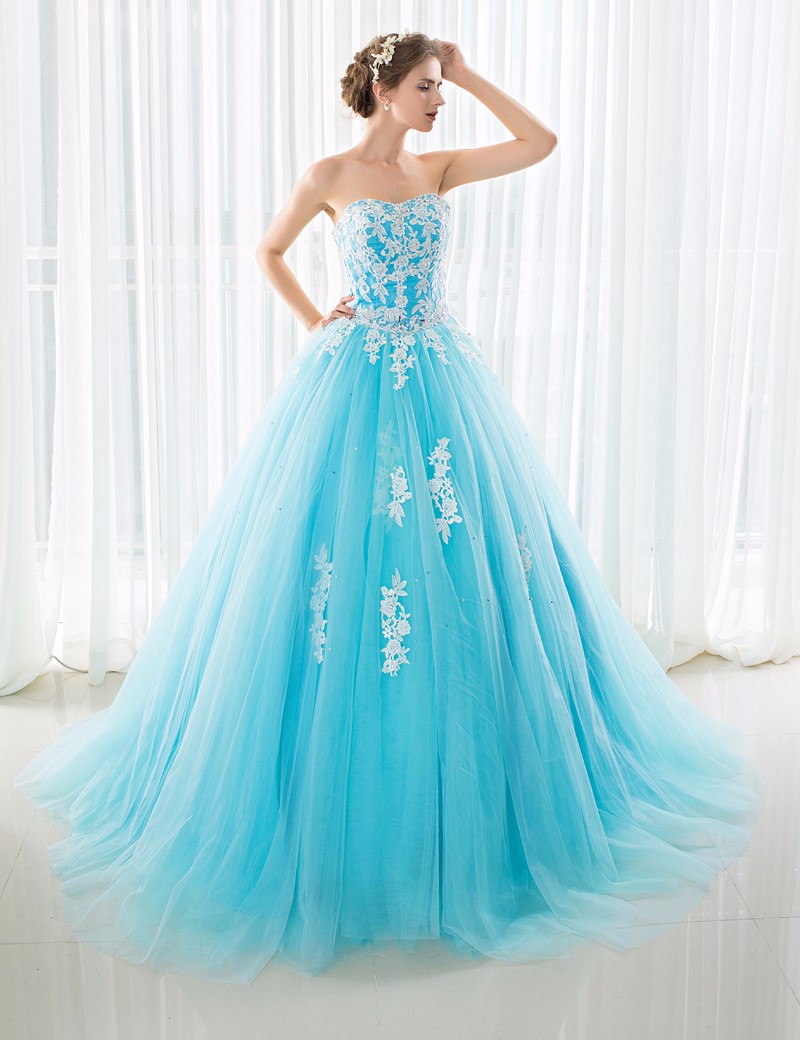 Blue and White Wedding Dresses Ball Gown Court Train Tulle with Applique Beaded Sweetheart Women Bandage Wedding Guest Dress