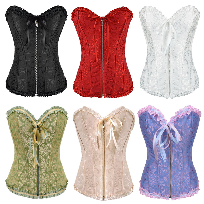 Gothic Brocade Corset Black With Zipper Front And Lace Back Wholesale Retail 8107