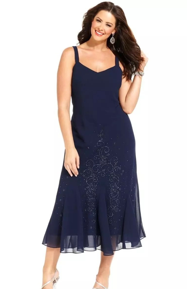 2022 Navy Blue Chiffon Tea Length Mother of the Bride Dresses with Jacket 3/4 Long Sleeves Beaded Plus Size Mother Groom Formal Evening Wear