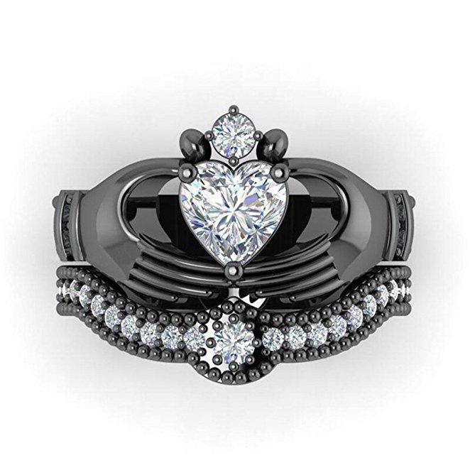 Victoria Wieck Claddagh Luxury Jewelry choucong 10KT Black Gold Filled White Topaz CZ Diamond Gemstones Women Wedding Birdal Ring Set Gift
