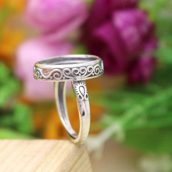 Art Nouveau 925 Sterling Silver Engagement Ring 14x17mm Oval Cabochon Semi Mount Fine Silver Ring Setting