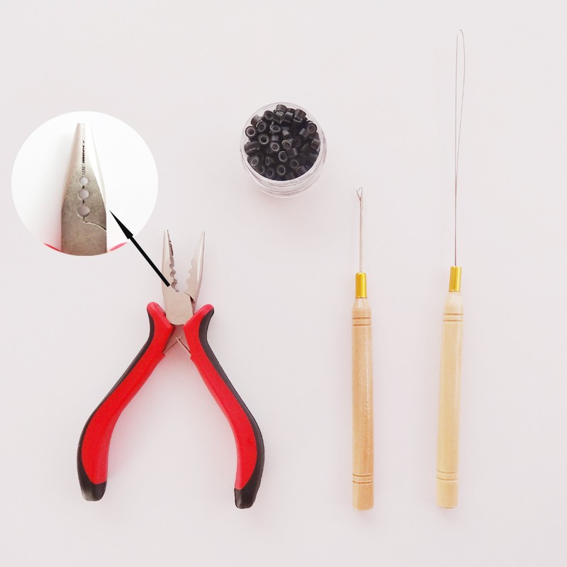 1 bottle200pcs Micro LinksBeads1pcs Pulling Needle1pc 3 holes plier Hair Extensions Tool kit