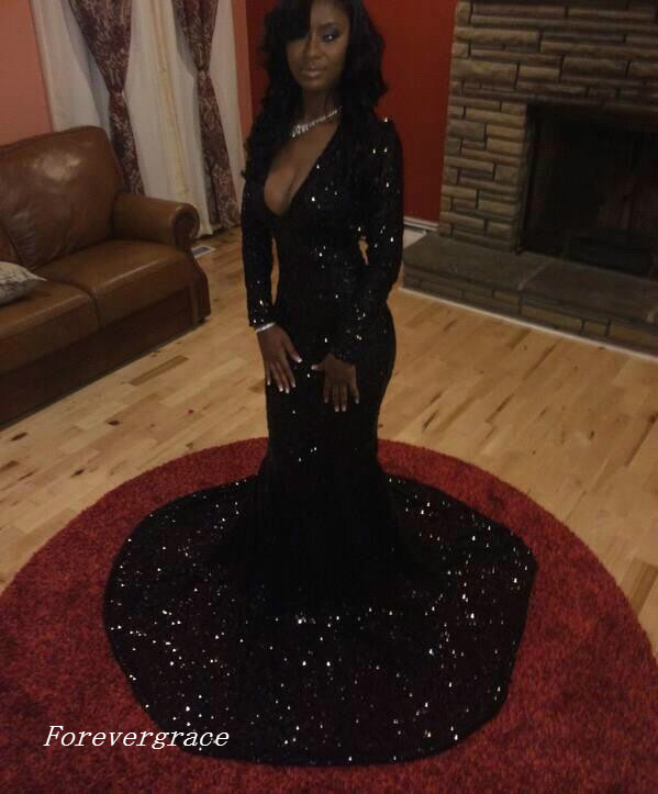 Fashion Women Sexy Black Mermaid Long Sleeve Prom Dress V-neck Formal Evening Party Gown Custom Made Plus Size