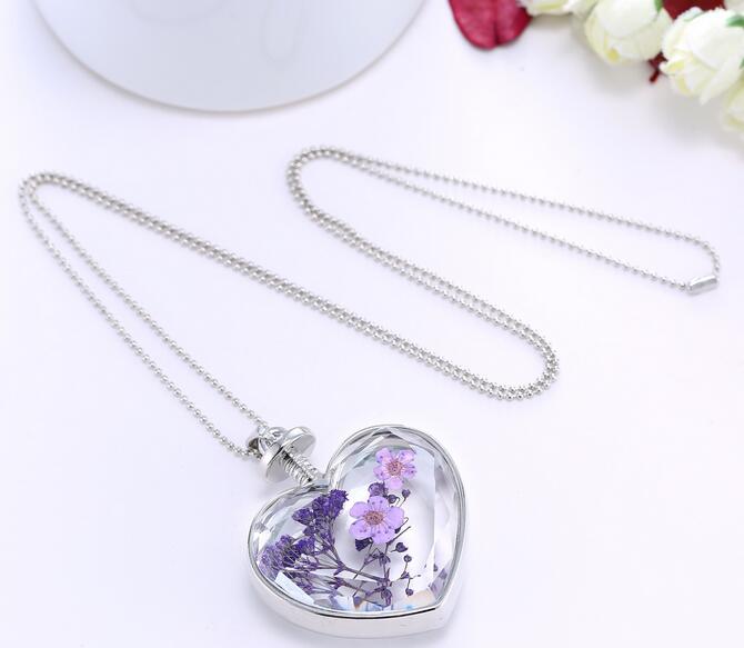 Charms purple flower Women Dry Flower Heart Glass Wishing Bottle Pendant Necklace G75