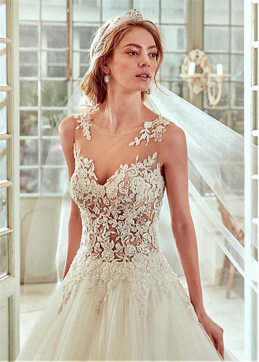 Glamorous Tulle & Satin Bateau Necke See-through A-e Wedding Dresses With Beaded Lace Appliques Bridal Gowns vestido de noiva
