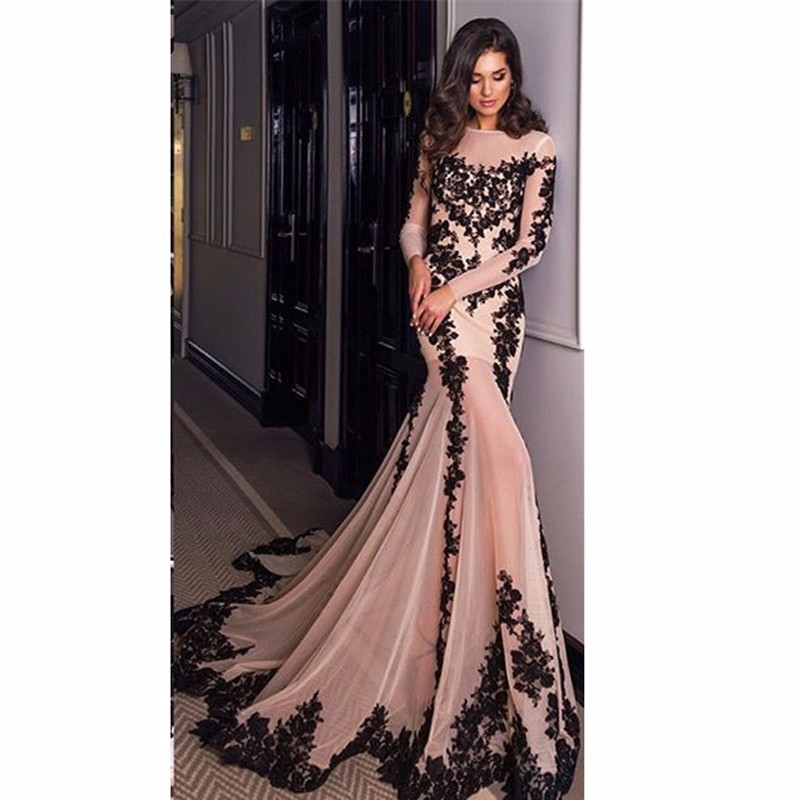 Pink And Black Mermaid Evening Dresses 2022 Long Sleeves Court Train Lace Appliques Sexy Sheer Neck Lace-up Back Formal Prom Evening Gowns