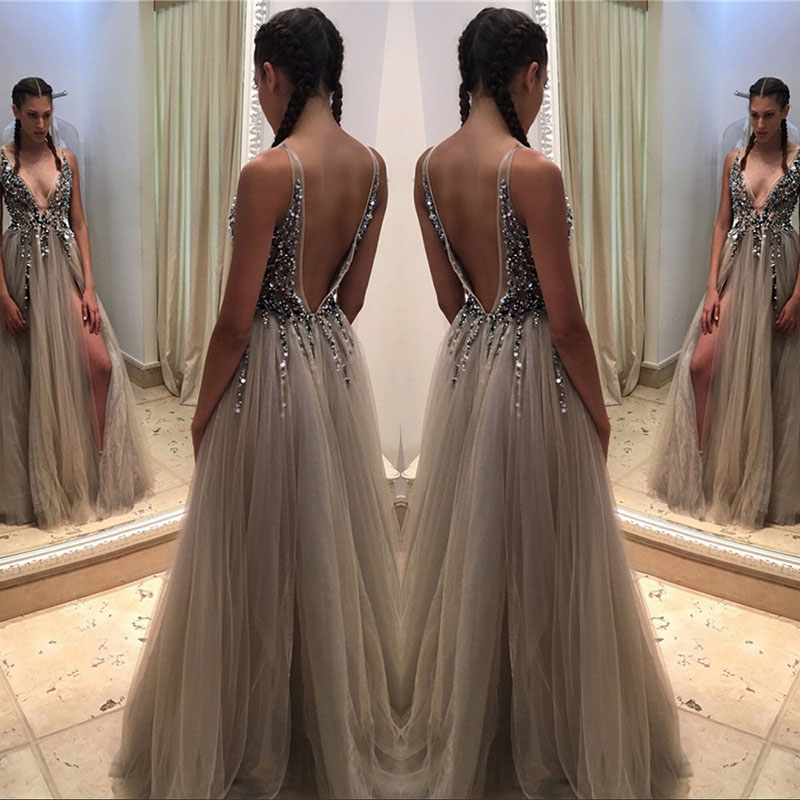 Cheap Sexy Long Deep V neck Prom Dress Front Split Sparkly Bodice Sleevless Evening Party Gown Custom Made Plus Size