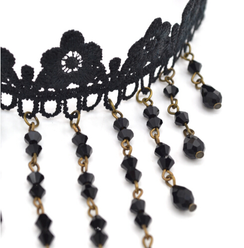 Newest Style Gothic Victorian Crystal Tassel Tattoo Choker Necklace Black Lace Choker Collar Vintage Women Wedding Jewelry
