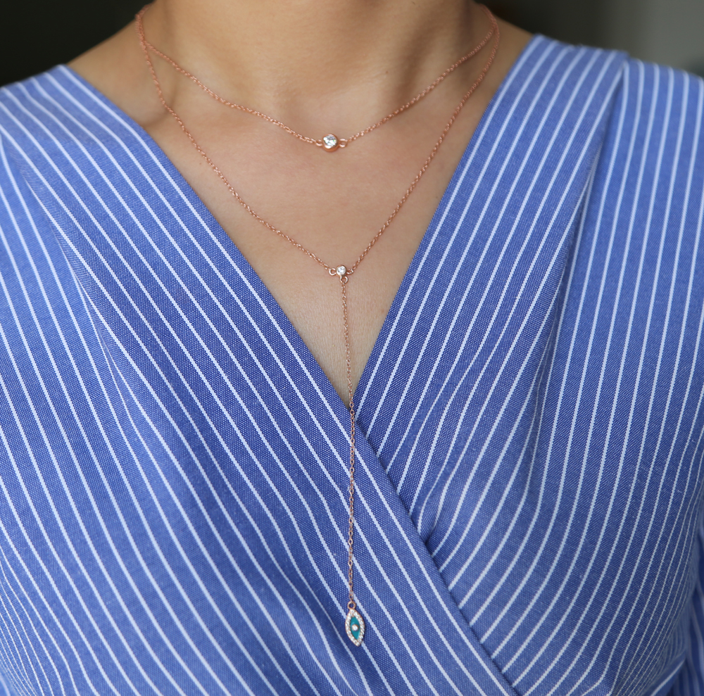 factory fine 925 sterling silver rose gold color rhodium Bling sparking cz evil eye lariat choker double layer delicate sexy women necklace