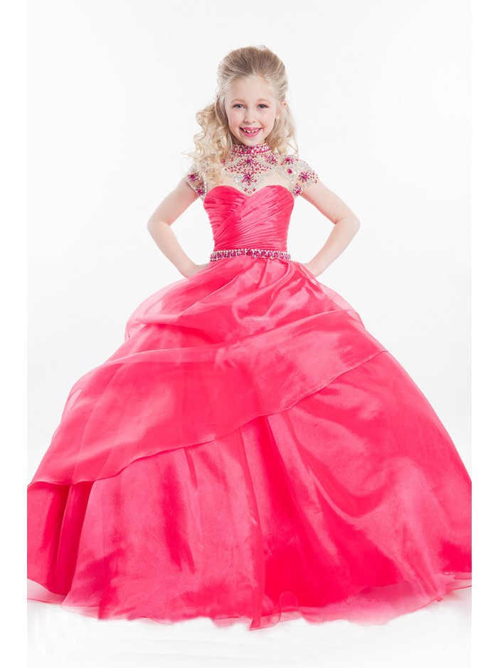New Luxurious Pink Little Girls Pageant Dresses Beaded Ruffle Ball Gown Children Party Kids Beauty Pageant Dresses