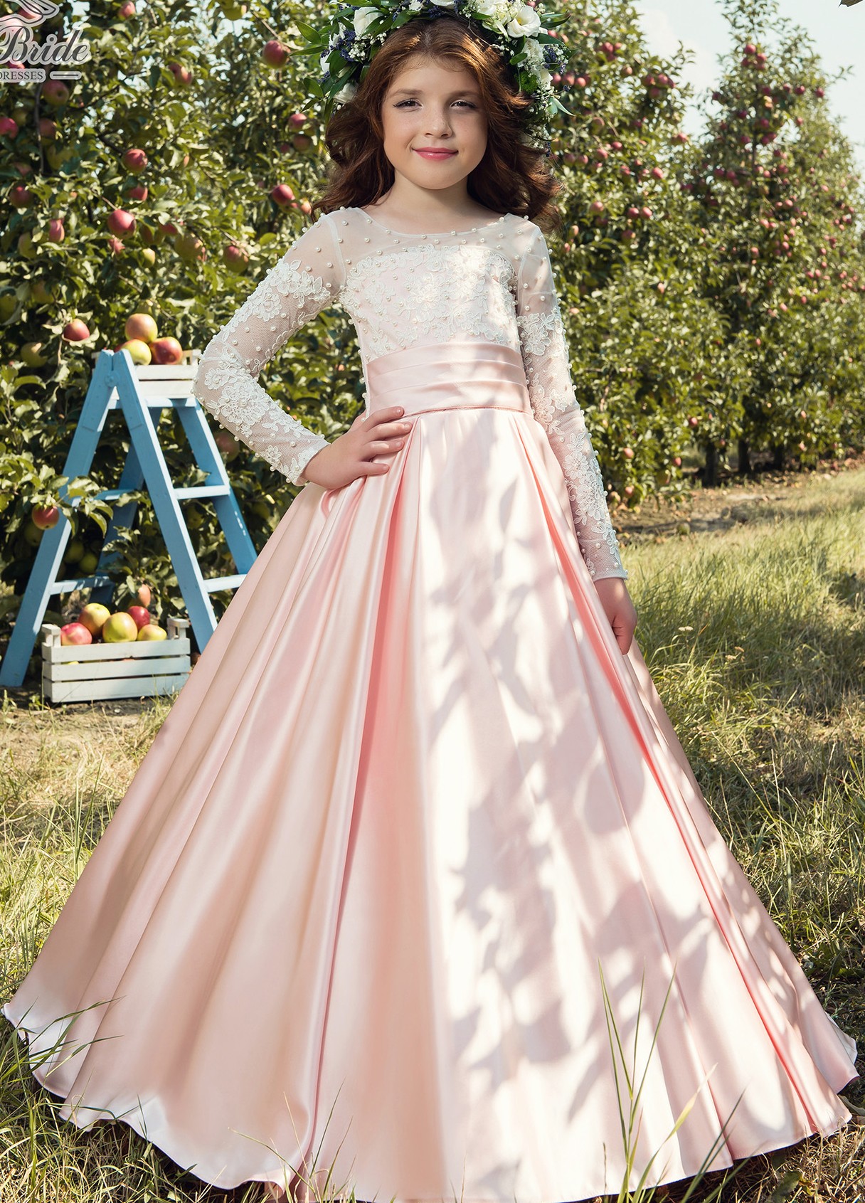 pearls lace arabic flower girl dresses satin long sleeves ball gown child wedding dresses vintage little girl pageant dresses fg16
