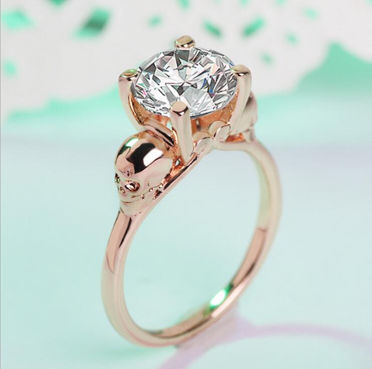 9MM White Topaz Solitaire Skull Ring - 10K Rose&White Gold Filled