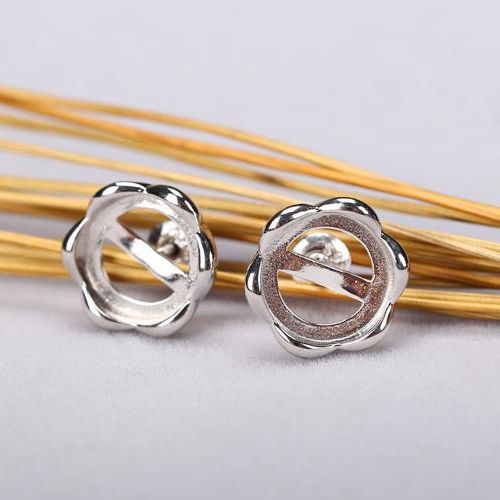 Fine Silver 9x9mm Round Cabochon Semi Mount Engagement Stud Earrings 925 Sterling Silver