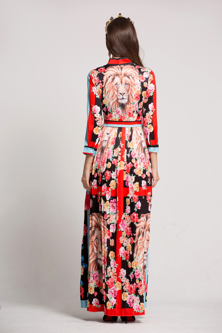 Women's O Neck Long Sleeves Bow Detailing Floral Printed Striped Pleated Elegant Maxi Runway Dresses