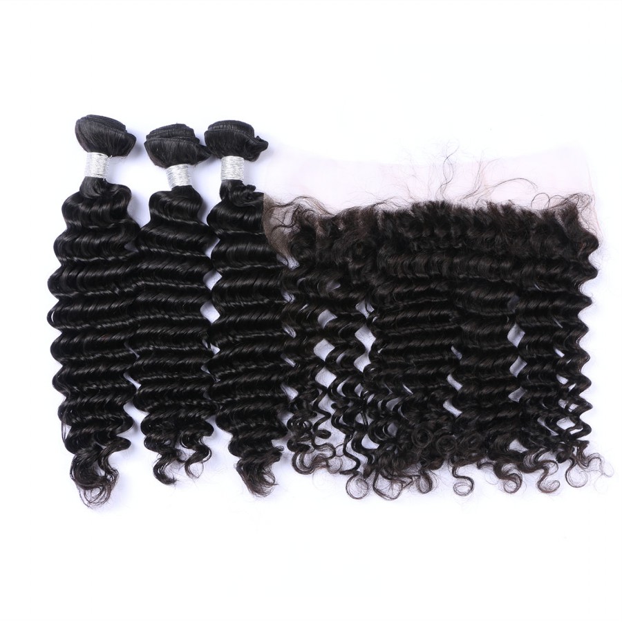 Brazilian Human VirginHair Lace Frontal With 3 Bundles 13X4 Ear To Ear Lace Frontal Deep Wave Natural Black Human Hair Weaves Closure