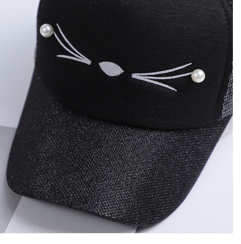 New Women Cat Baseball Cap With Cute Cat Ears Curved Brim Snapback Hat Cat Face Pearl Cotton Caps Outdoor Mesh Hats