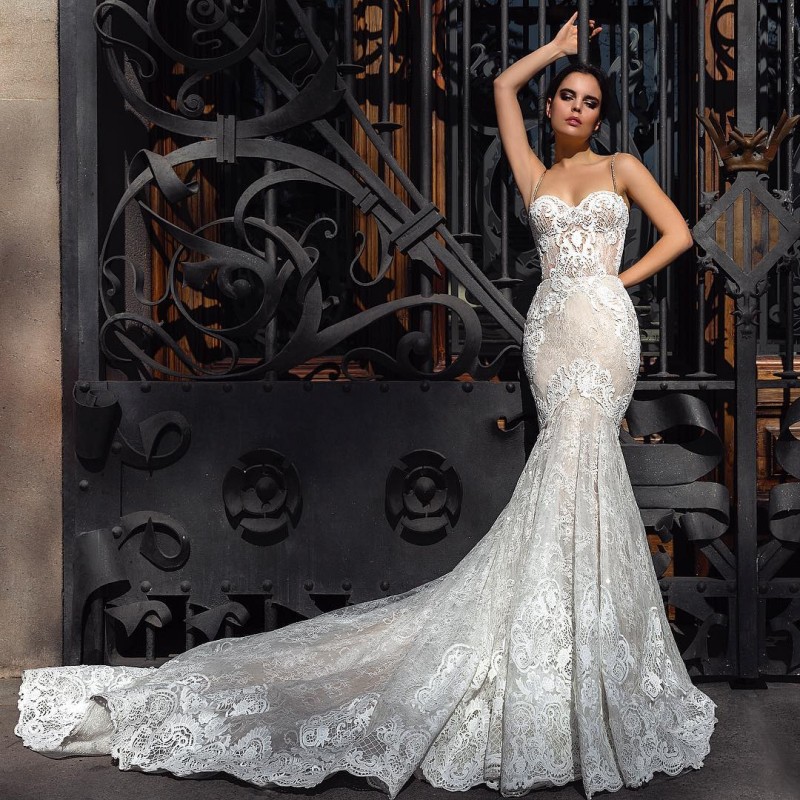 Sexy Mermaid Wedding Dress Spaghetti Sleeveless Full Lace Appliqued Backless Sweep Train Sheer Beach Wedding Dresses Bridal Gowns