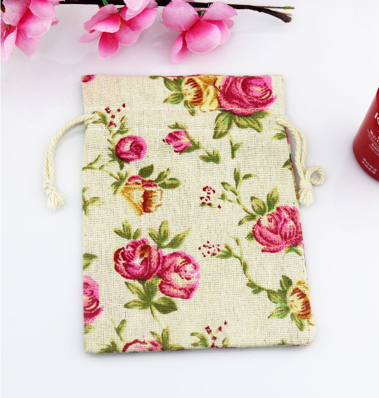 Rose Flower Linen Jewelry Gift Bag 9x12cm 10x15cm 13x17cm pack of 50 Birthday Party Wedding Drawstring Pouch sack