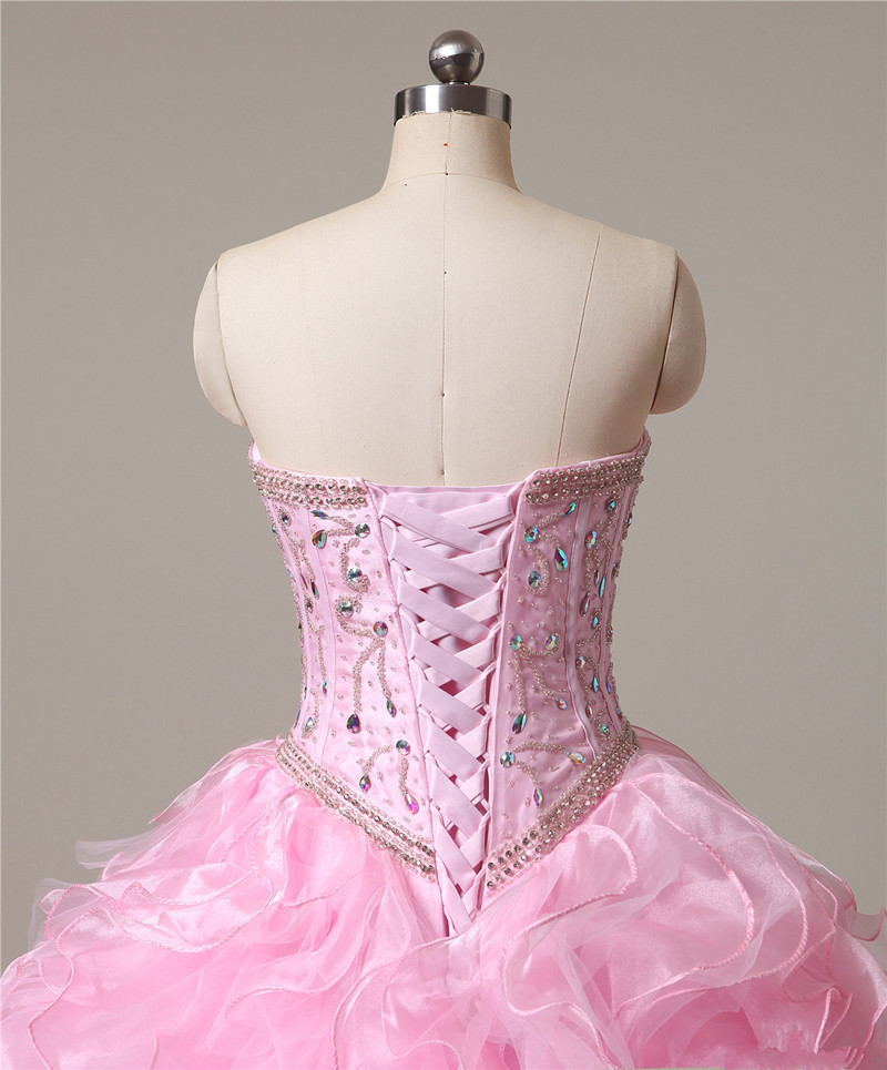 2017 Sexy Pink Crystal Ball Gown Quinceanera Dresses with Beading Sequin Organza Lace Up Sweet 16 Dresses Vestido Debutante Gowns BQ08