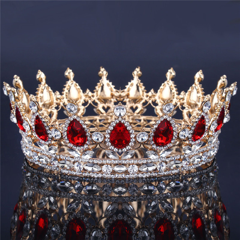 European Designs Royal King Queen Crown Ruby Teardrop Rhinestone Tiara Hair jewelry Quinceanera crown Wedding bride Pageant Tiaras