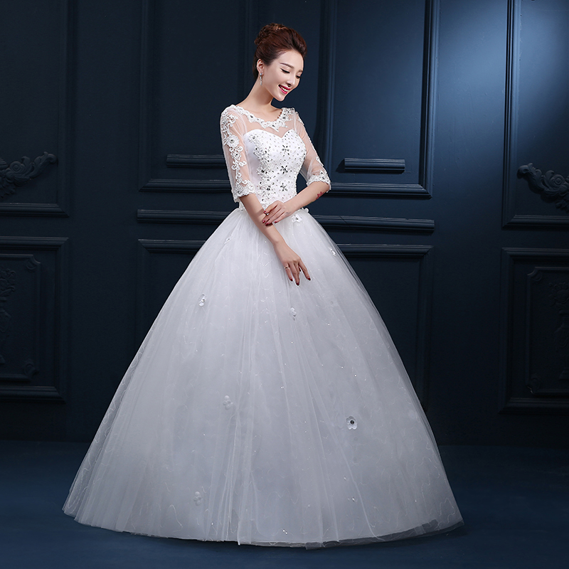 In Stock Ivory Ball Gown Wedding Dresses Under 100 Sheer Neck Floor Length Lace Tulle Beaded Crystal Lace Up 3 4 Sleeve Bridal Gowns Cheap