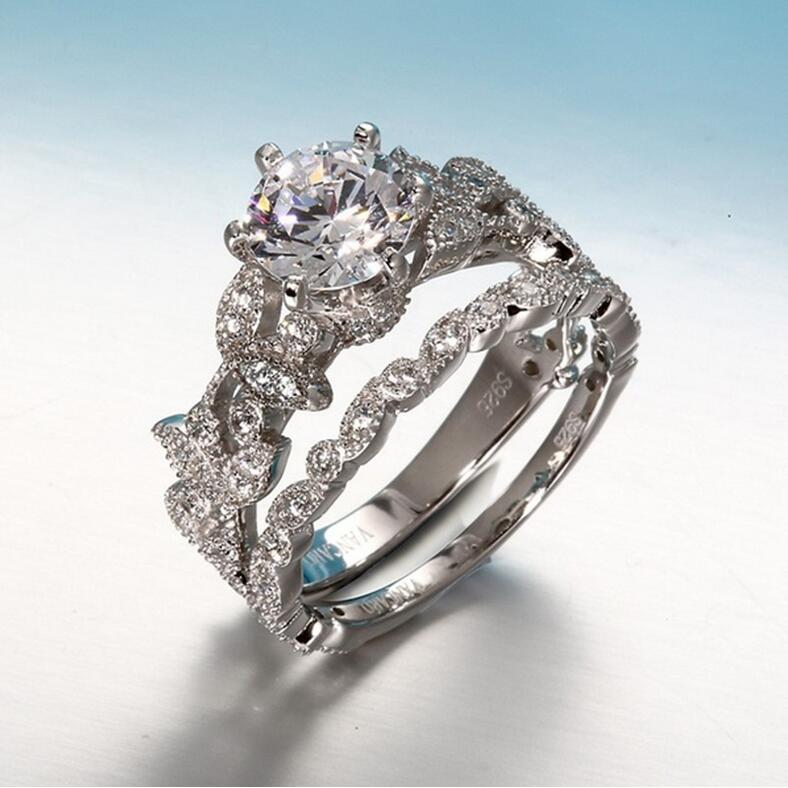 Sterg Sier Wedding Bridal Leaf Ring Set: Elegant Round Cubic Zirconia Crystal Gemstones