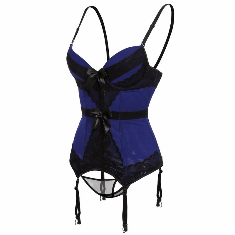 Women Waist Cincher Valentine Contrast Lace Lingerie Like Corset Overbust Corselet with Garter Belts Blush Lacy Bow Underwire Cup Bustier