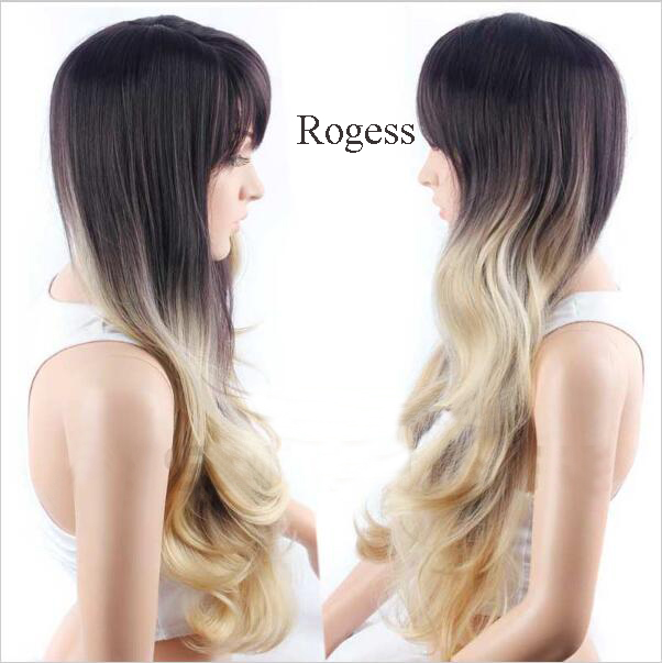 New Fashion Long Wave Black Ombre Blond Synthetic wig with Qi Bangs women's Hair wigs for life Cosplay