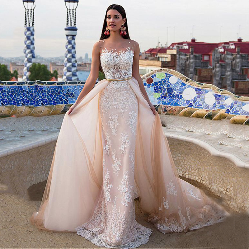 Robe De Mariee Stunning Tulle Bateau Neckline Detachable Skirt Wedding Dresses Elegant Lace Appliques Sheath Bridal Wedding Gowns Plus Size, Champagne
Robe De Mariee Stunning Tulle Bateau Neckline Detachable Skirt Wedding Dresses Elegant Lace Appliques Sheath Bridal Wedding Gowns Plus Size, Champagne