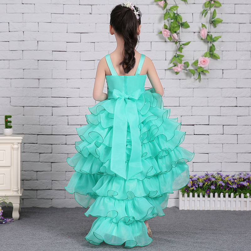 Blue White High Low Flower Girl Dresses For Weddings Organza Ruffles Lace Applique Beaded Little Girl Pageant Party Birthday Communion Dress