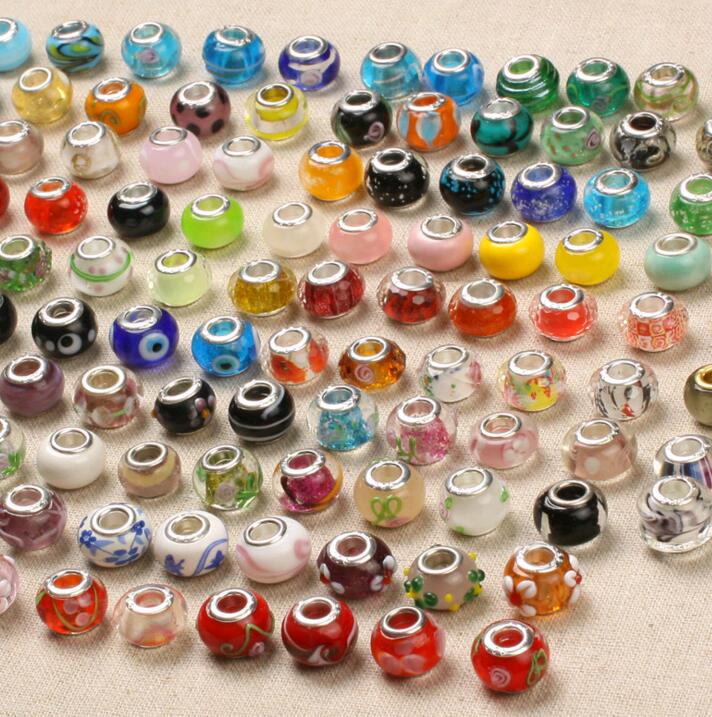 Whole 50pcslot Big Hole Beads for European Bracelet Lamwork coloured glaze DIY Charms Fit Beaded Bracelets Mix