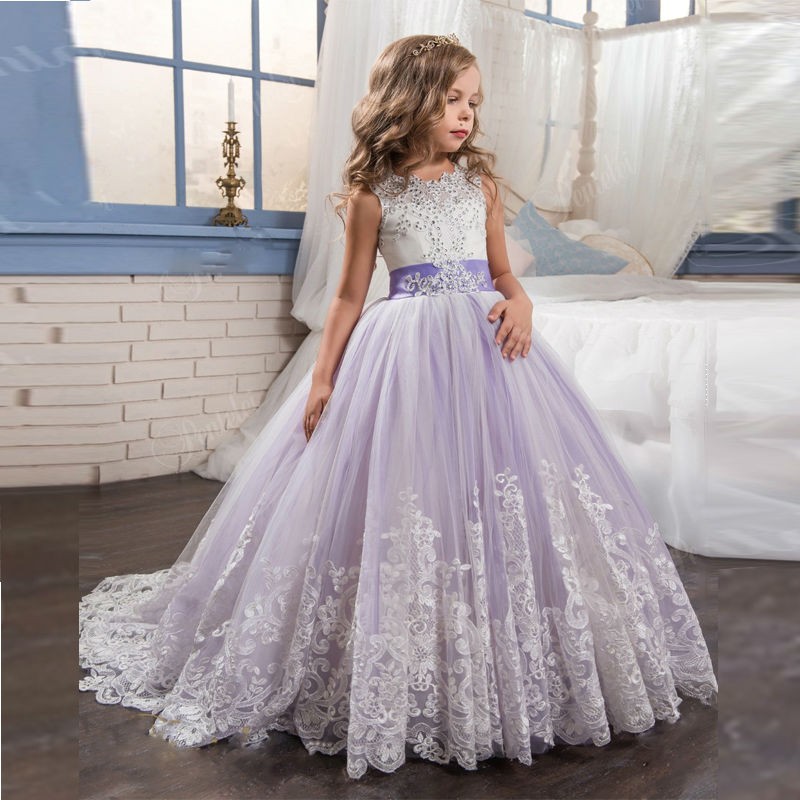 Princess Lilac Little Bride Long Flower Girls Dresses for Girls 2017 Puffy Tulle Prom Dress Children Graduation Gown