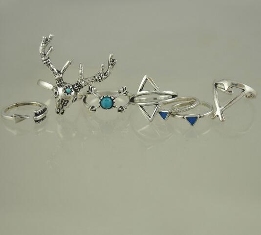 New Vintage Boho Rings Jewelry 7pcs/Pack Metal With Antique Silver Plated Multipack Ring Set for Woman anel Antler G76