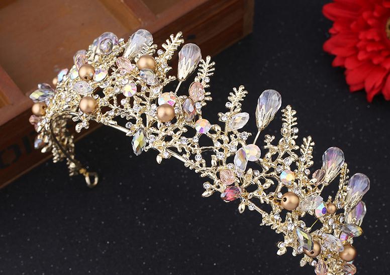 Gold Princess Headwear Chic Bridal Tiaras Accessories Stunning Crystals Pearls Wedding Tiaras And Crowns 15*5.5cm H88