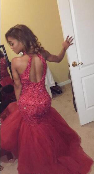Cheap Sexy Burgundy Mermaid Prom Dress Halter Keyhole Back Sweep Train Formal Evening Party Gown Custom Made Plus Size