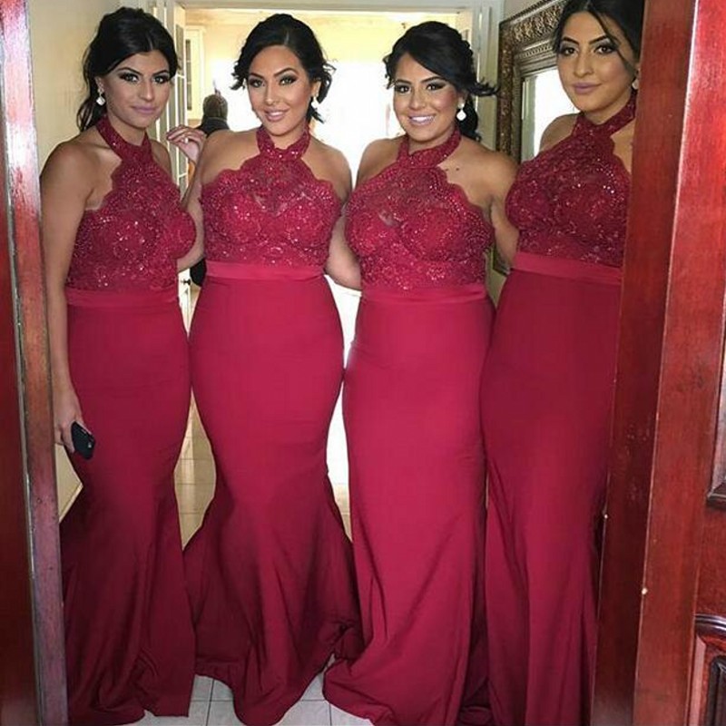 Gorgeous Dark Red Halter Bridesmaid Dresses For Wedding 2017 Lace Top Backless Mermaid Bridesmaid Gowns Floor Length Maid Of Honor Dress
Gorgeous Dark Red Halter Bridesmaid Dresses For Wedding 2017 Lace Top Backless Mermaid Bridesmaid Gowns Floor Length Maid Of Honor Dress