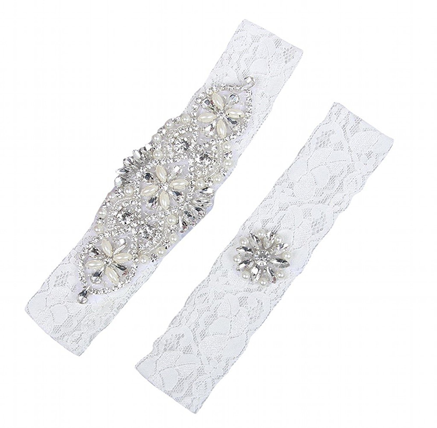 2 Pieces Lace Bridal Garters Belt Set Handmade Rhinestones Pearls Vintage White Wedding Garters In Stock