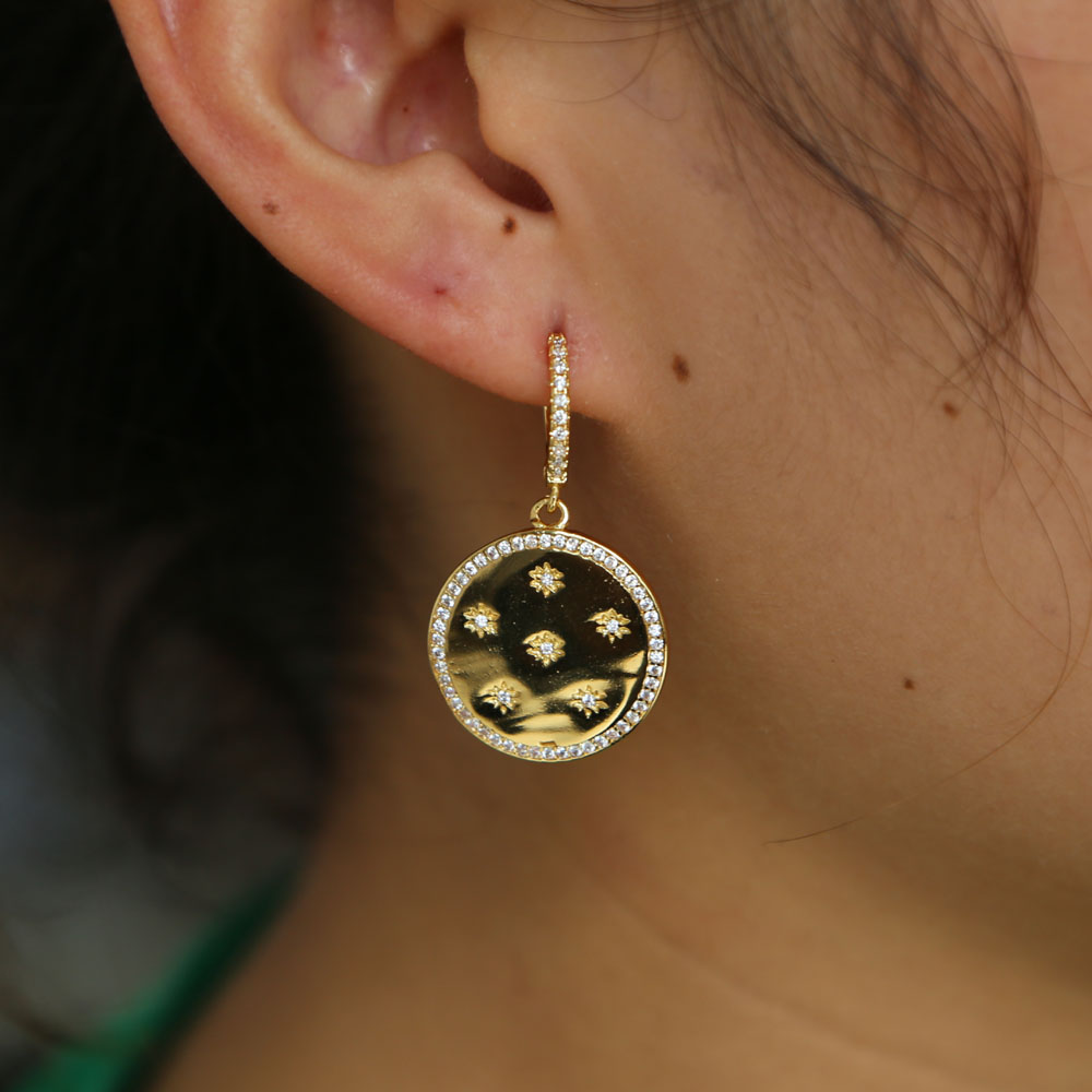 Top quality Gold plated starburst northstar dangle earring Sparking inset CZ lovely charming star design gorgeous european jewelry