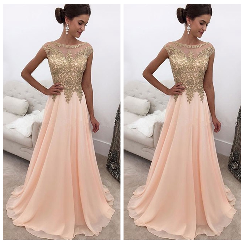 Sheer Neck Long Prom Dresses With Gold Lace Appliques Cap Sleeves A Line 2018 Chiffon Formal Party Wear Formal Evening Dresses, Lavender
Sheer Neck Long Prom Dresses With Gold Lace Appliques Cap Sleeves A Line 2018 Chiffon Formal Party Wear Formal Evening Dresses, Lavender