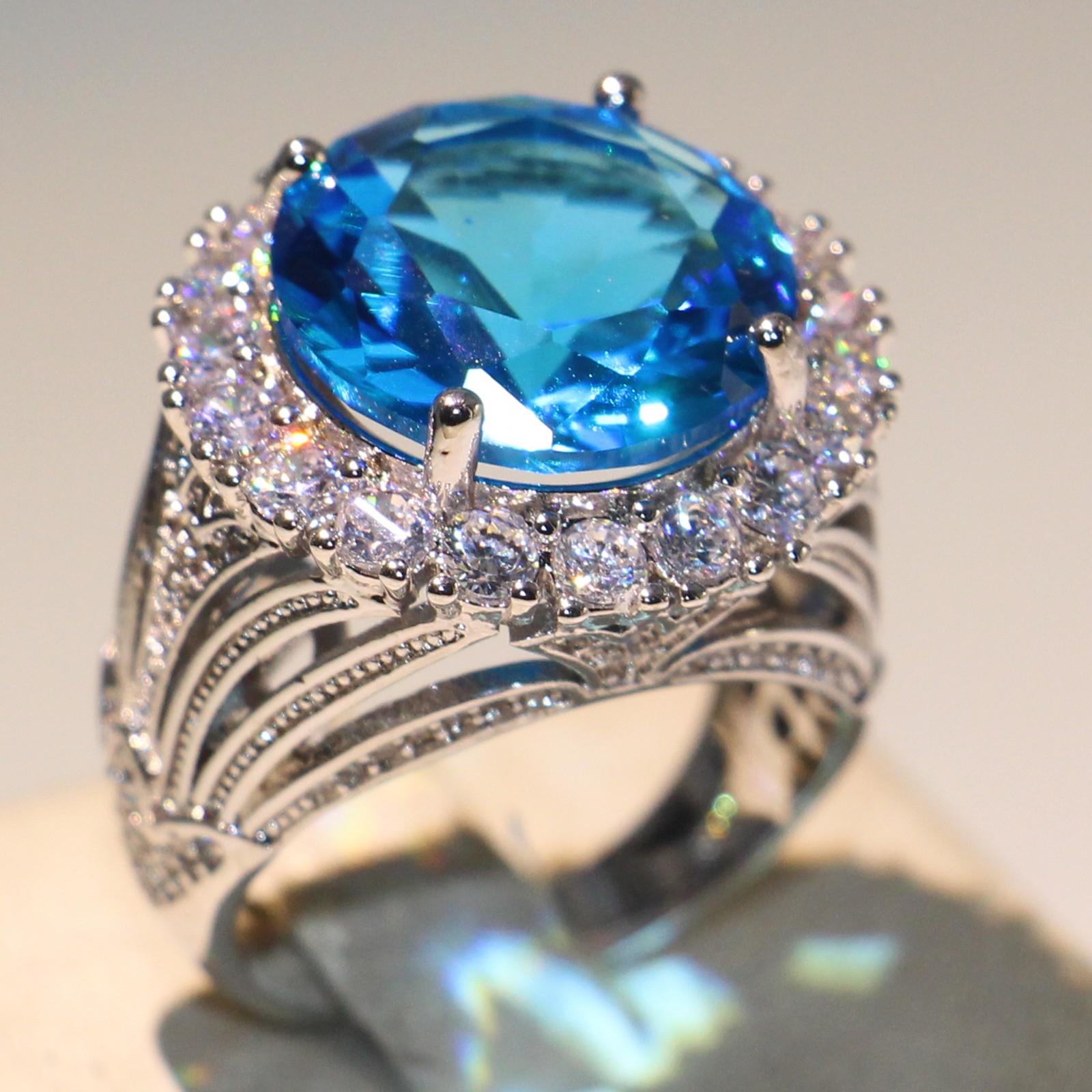 Size 6-10 Drop Shipping Jewelry Sterg Sier Big Aquamarine CZ Crystal 12CT Women Wedding Eternity Finger Ring For Lover Gift