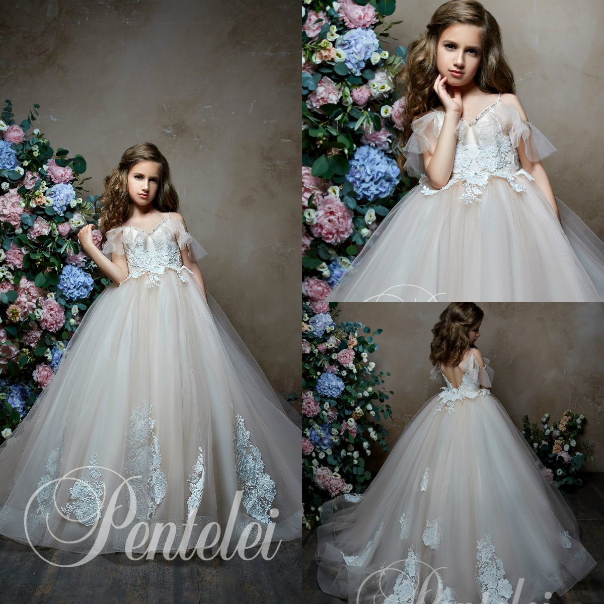Pentelei 2019 Cute Flower Girl Dresses For Weddings Off The Shoulder Short Sleeve Lace Girls Pageant Dress Appliques Beaded Ball Gown