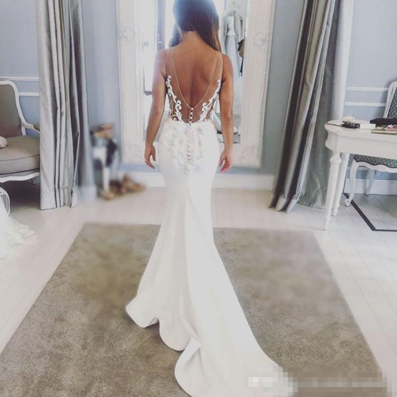 Lace Mermaid Wedding Dress With Illusion Bodice, Satin Sweep Train & Backless Design
