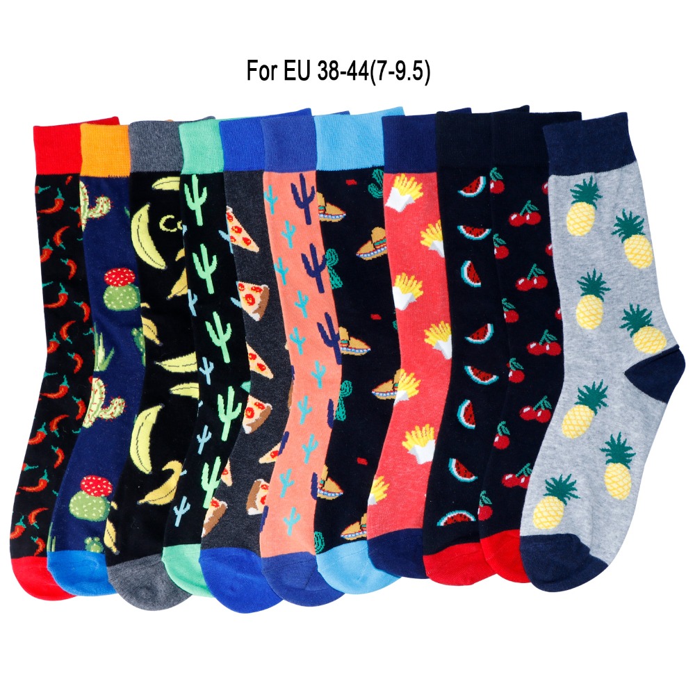 Brand Happy Men Long Socks Funny Pepper Chili Pumpkin Hamburger Chips Gingerbread Cherry Watermelon Banana Cactus Pineapple Sock