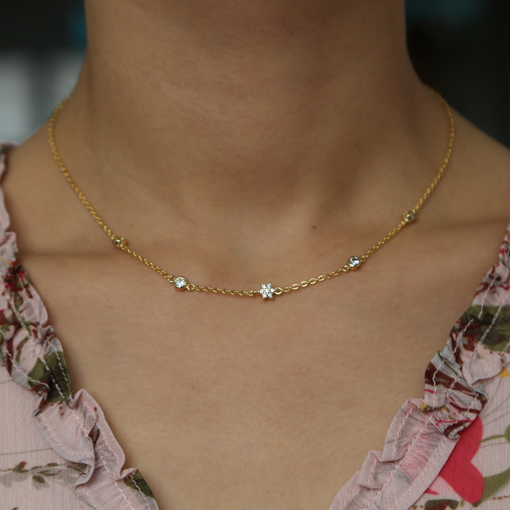 bezel round dots cz flower cz station necklace fashioin jewelry for women choker chain elegance trendy simple chain jewelry