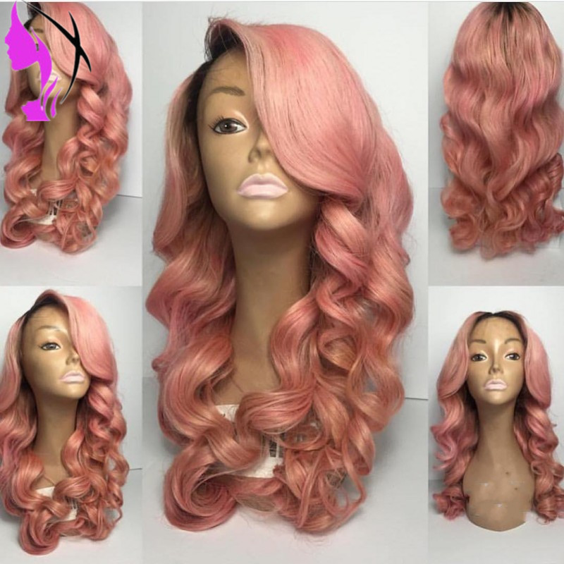 Full density Lace Front ombre pink Wig 12-30 inch Long wavy african american Synthetic lace front Wigs For Black Women