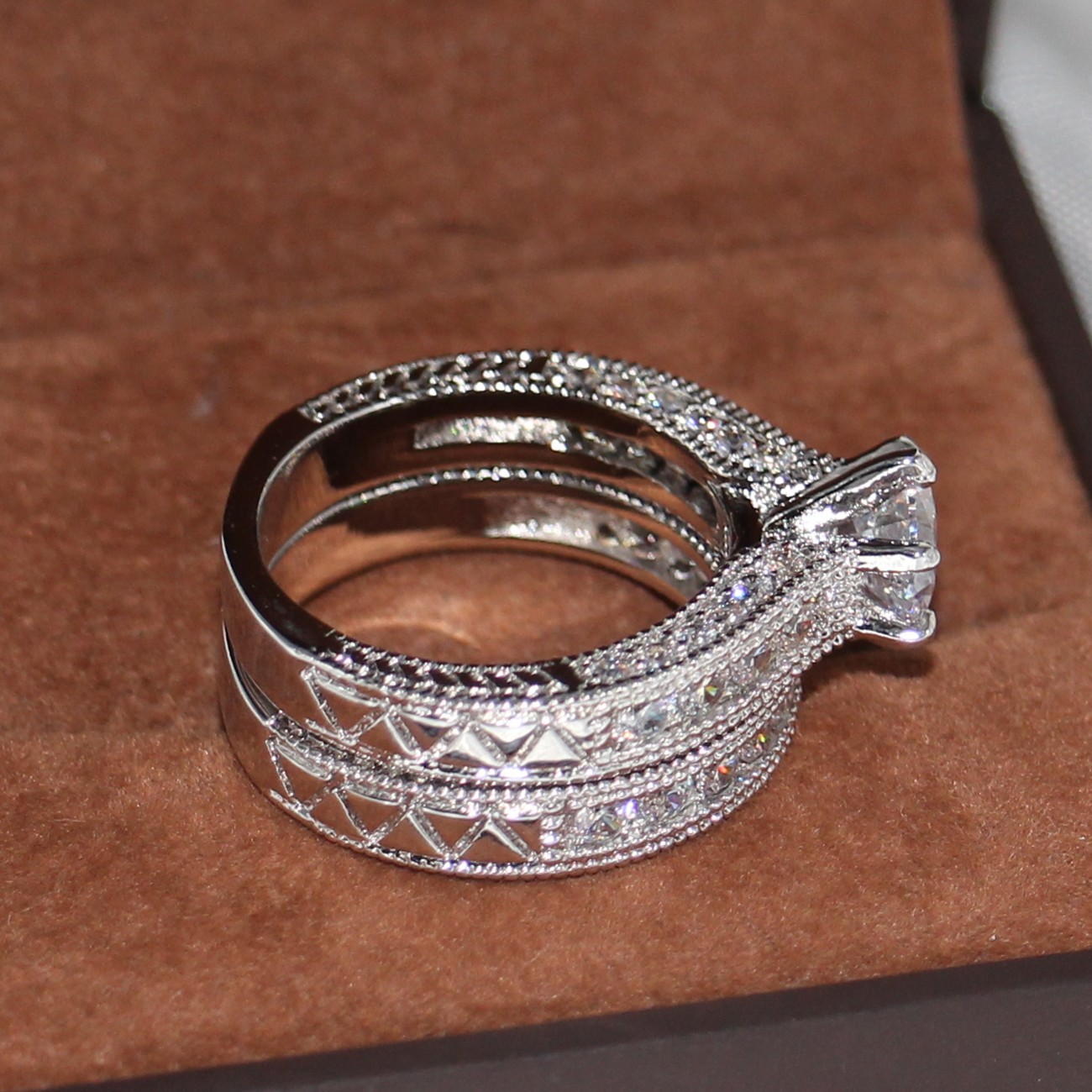 Retro Jewelry Lovers Claw Set 8mm Topaz Gem 14KT White Gold Filled 2-in-1womens Engagement Wedding Ring Set for christmas gift Sz 5-11