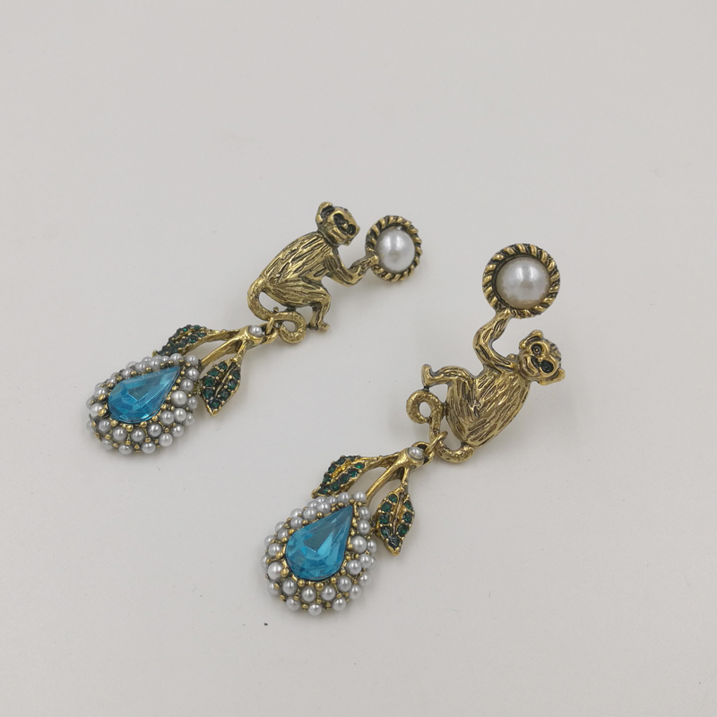 Baroque Vintage Crystal Monkey stud earrings for women fashion jewelry Pearl leaf earrings pendant bridal earring bijoux