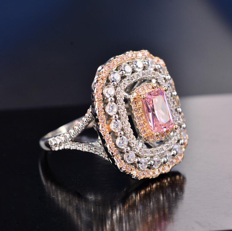 Drop Shipping Stunning Luxury Jewelry 925 Sterling Silver Princess Cut Pink Sapphire CZ Diamond Party Women Office Wedding Band Ring Gift