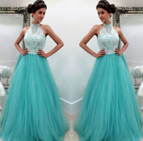Aqua Prom Dresses 2019 Formal Evening Party Pageant A-line Gowns African Black Girl Halter Lace Long Cheap