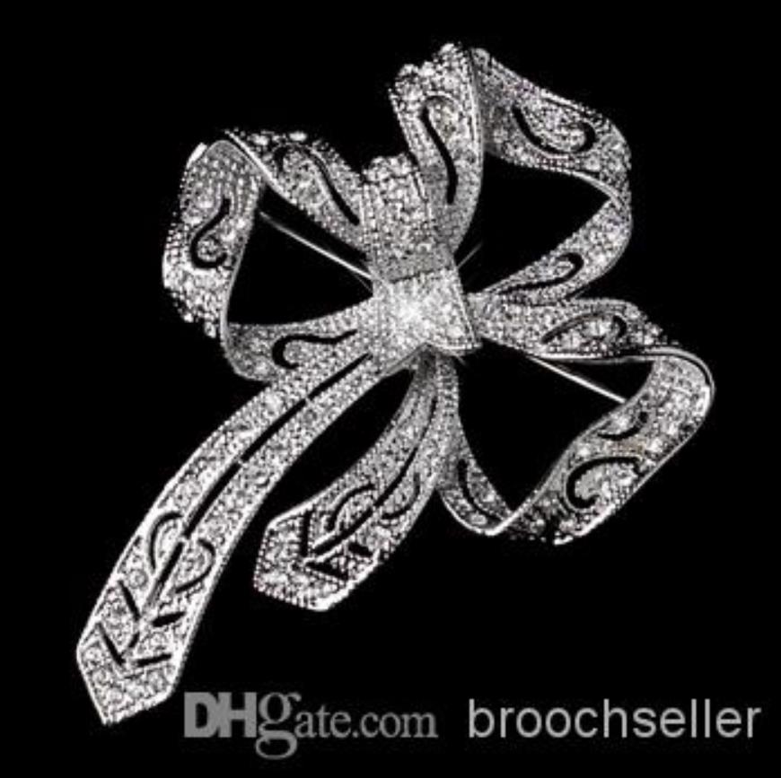 2.5" Rhodium Silver Tone Clear CZ Rhinestone Curly Ribbon Brooch